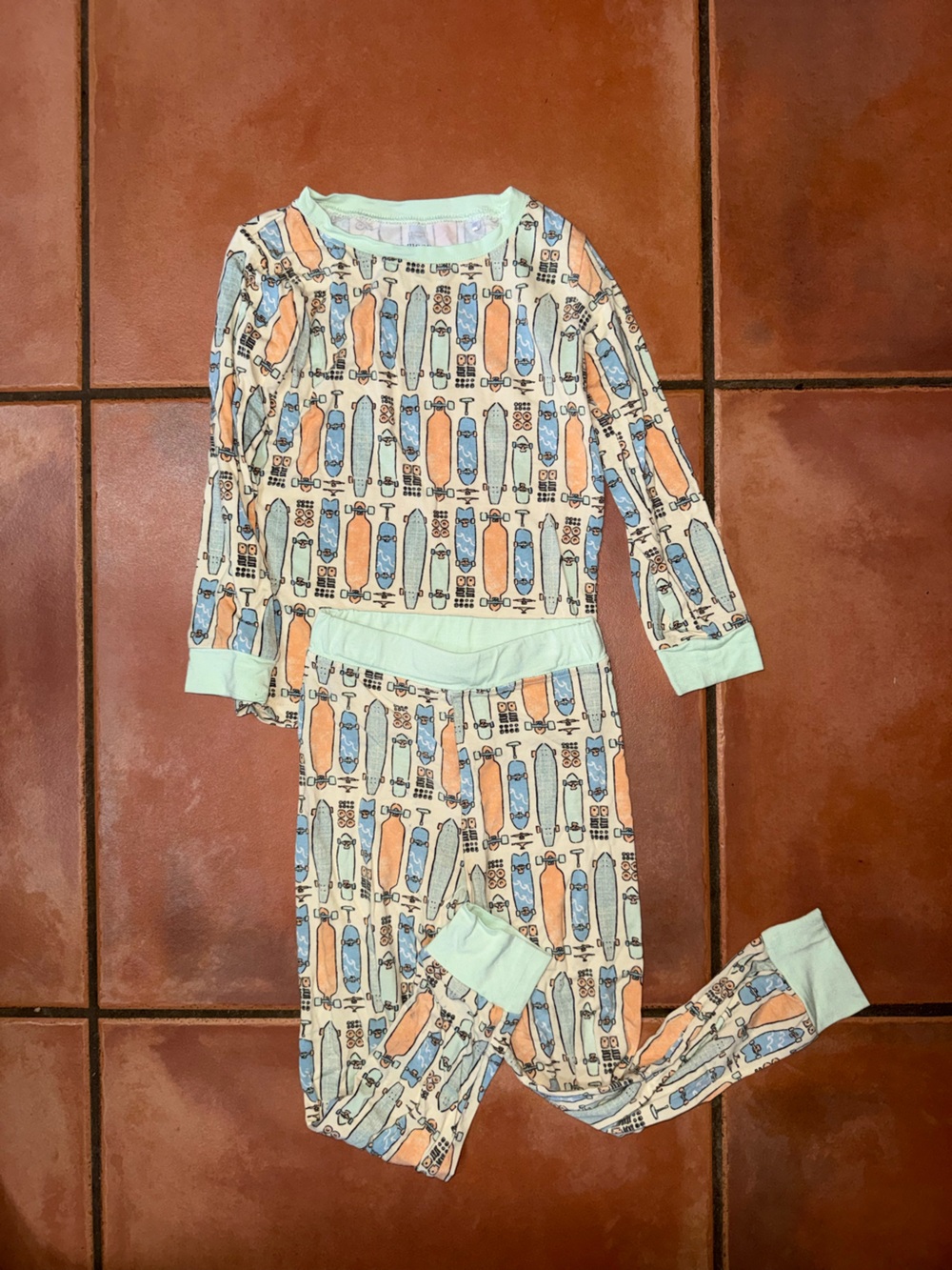 Kids Skateboard Print Pajama Set - Light Blue & Peach